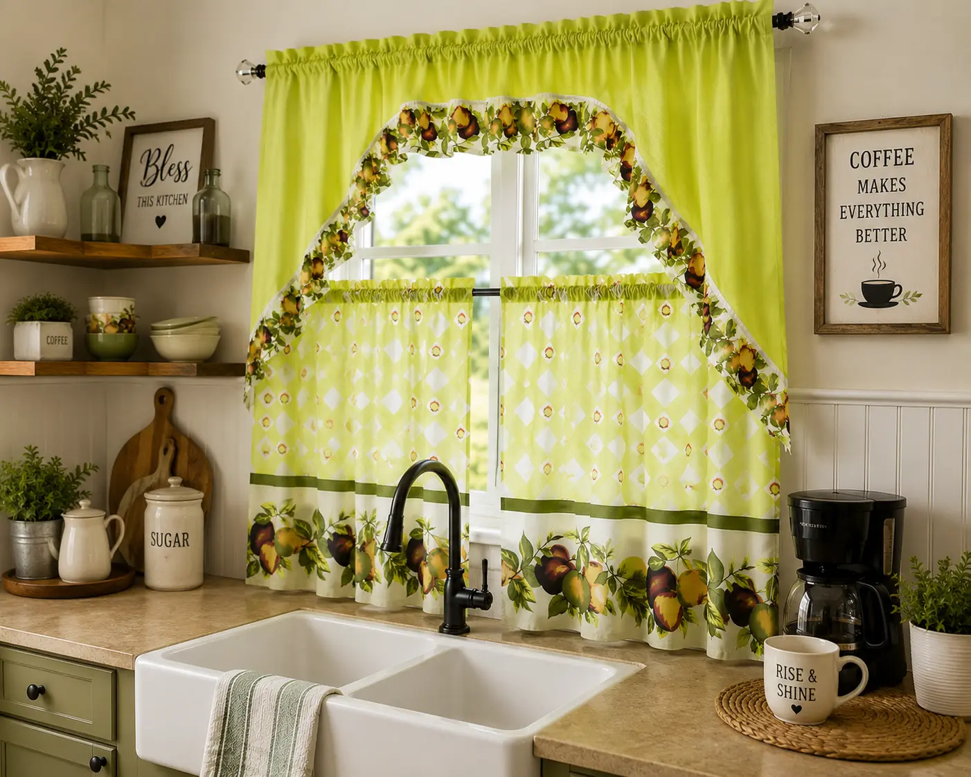 Modern Polyester Fruit Kitchen Curtain Set with Floral Trim & Print, Aesthetic Home Decor Items, Household Textiles & Kitchen Accessories