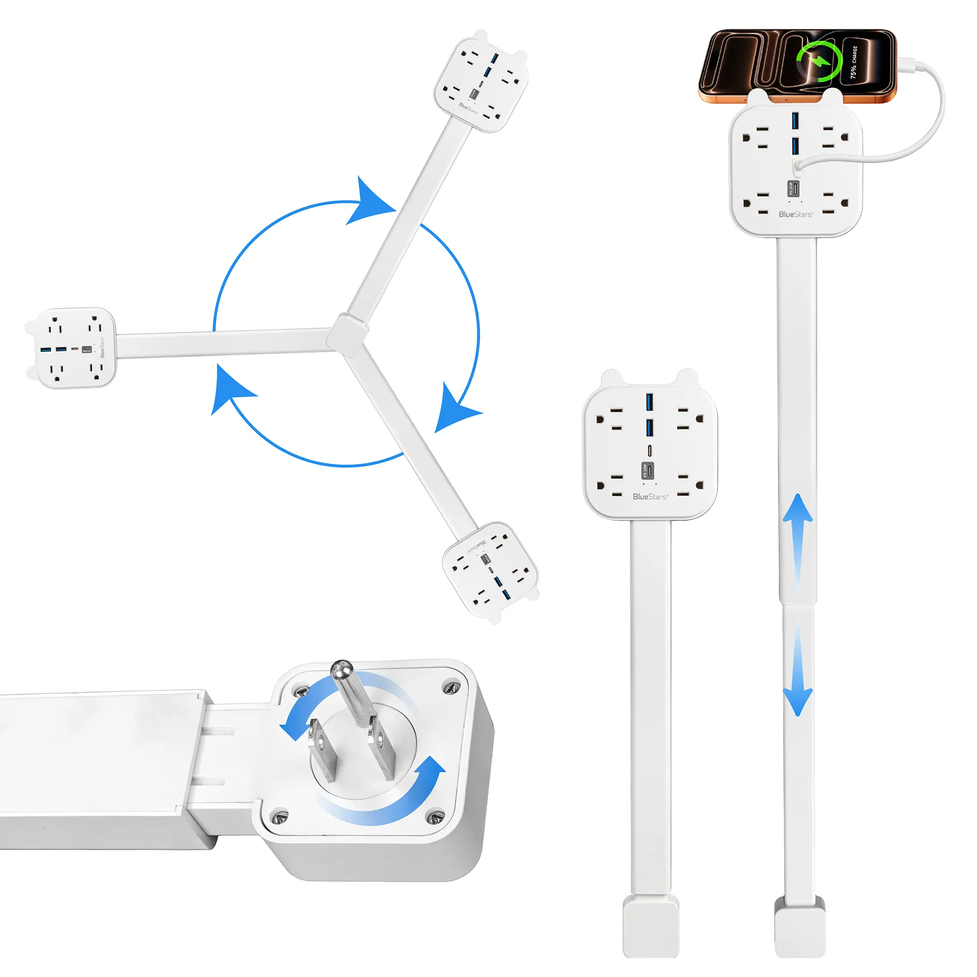 360° Rotatable Electrical Outlet Extender Stick - 8 Total Ports (4 AC Outlets, 2 USB-A, 2 USB-C), 20W PD Fast Charging, 18"-27" Adjustable Power Strip for Hard-to-Reach Spots, Chargers & Adapters, Multi-Port Cables, Fast Charging Cables, Chargers & Adapte