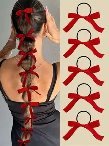 5pcs Women's Style, Fashionable And Cute, Red Bow Hair Ties, Suitable For Daily Ponytail Use, Women's Hair Accessories, Recommended Gifts, Autumn Outfits, Ponytail Holders, Hair Elastics, Hair Rubber Bands, Scrunchies, Hair Rope ,Gifts, All Seasons