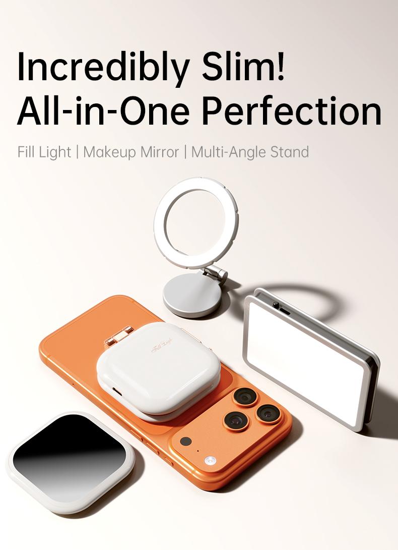 Professional Magnetic Fill Light Mirror, 49 LEDs, Front/Rear 360° Fill, 3 CCT (Warm/Natural/White), Vert/Horiz Stand, Long Battery, Portable Selfie Mirror w/ Universal Joint for Makeup, Vlog, Food Photo