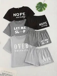 Women's Letter Print Sleepwear Set, Three-Piece Short Sleeve Shorts Pajama Suit, Casual Loose Fit All Seasons Loungewear Pjs