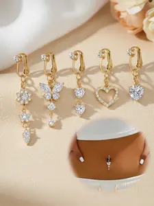 Non-Piercing Cz Fake Belly Piercing, Stainless Steel Butterfly Clip-On, Umbilical Navel Fake Piercing, Women's with Pain-Relieving Silicone Pad