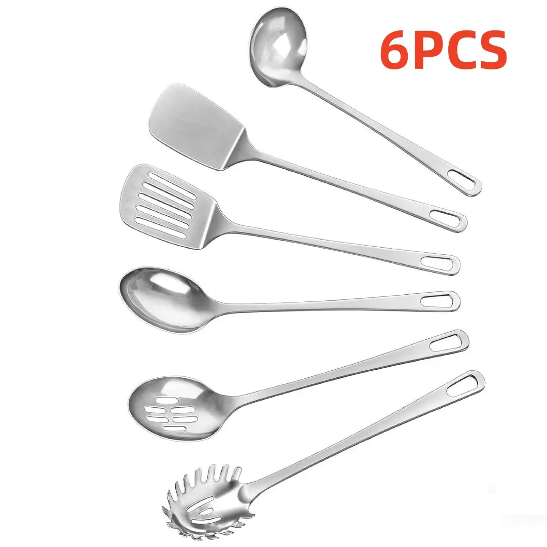 Stainless Steel 6pcs Cookware Utensil Set, Thick Heat-Resistant Metal Kitchen Tools with Long Handles, Including Solid/Slotted Spatulas, Service Spoons, Spaghetti Spatulas, Scraper, Stirring Capability, Easy to Clean, Silver