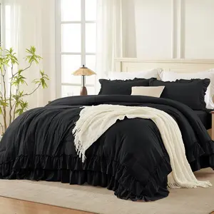 Black King Comforter(104x90Inch), 3 Ruffle Comforter with 2 Pillowcases, Farmhouse Lightweight Fluffy Microfiber