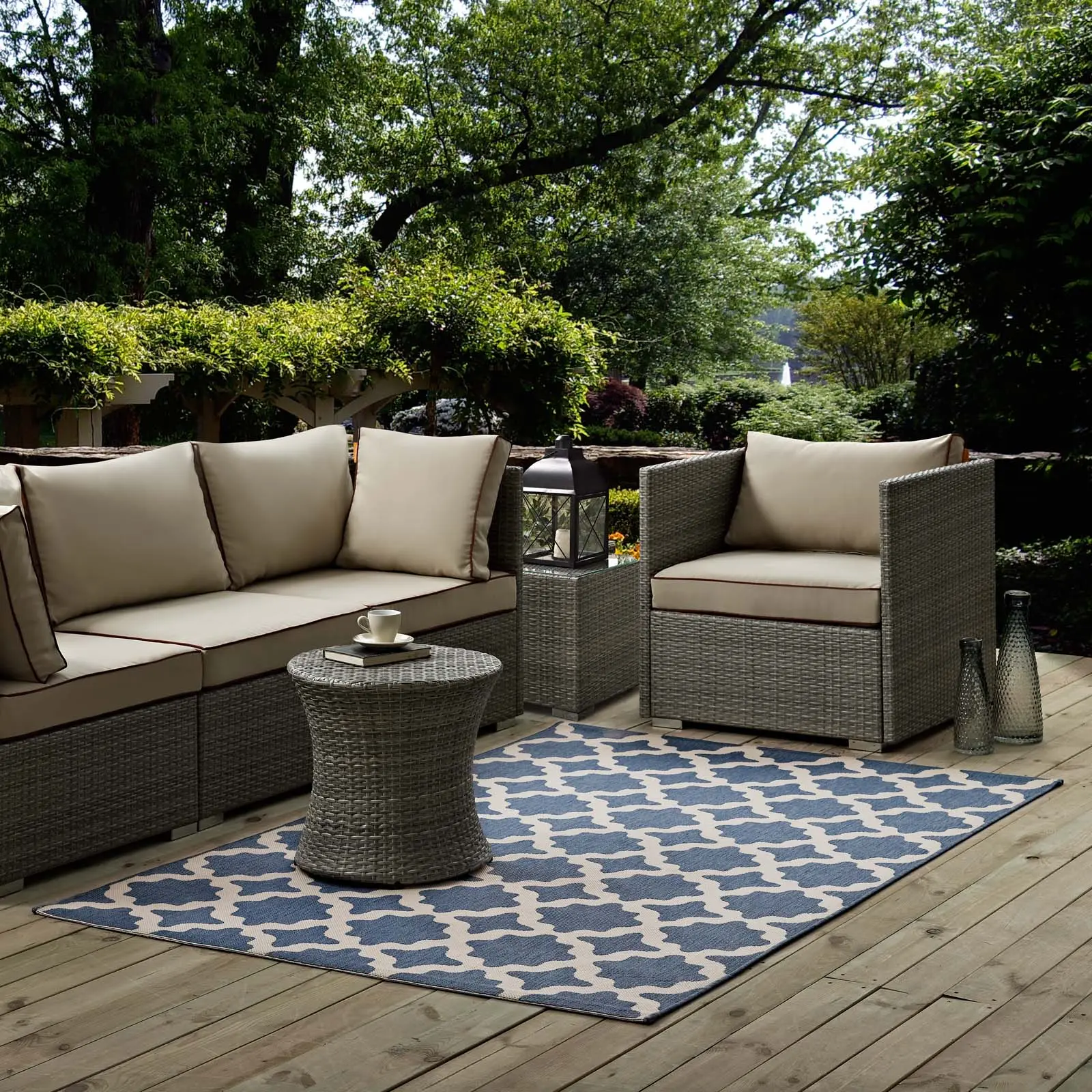 Modway Cerelia Moroccan Trellis 9x12 Home Decor Rug - Blue and Beige Outdoor Rug Mats with Versatile Style for Indoor-Outdoor Use, Rug Style