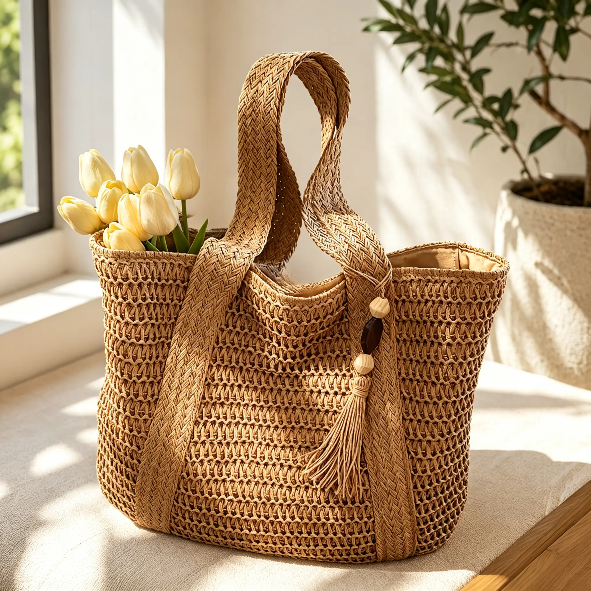 Women's Boho Woven Beach Tote Bag, Casual Tassel Straw Tote with Lining, Versatile Summer Vacation Shoulder Bag