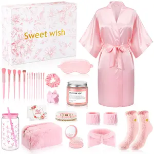 Mother's Day Gifts 15 Pcs Spa Gift Basket Self Care Set with Silk Bathrobe Makeup Brushes Candle Luxury Relaxing Bath Gift Set for Mom Wife Grandma, Birthday Get Well Soon Thinking of You Stress Relief Care Package