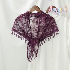 Anygoal Women's Lace Triangle Shawl with Tassels, Lightweight Floral Head Scarf, Multifunctional Sheer Veil for Church Wedding Mass, Flowers Elegant Daily and Beach Vacation Accessory summervibes meghan markle beach outfit,summervibes