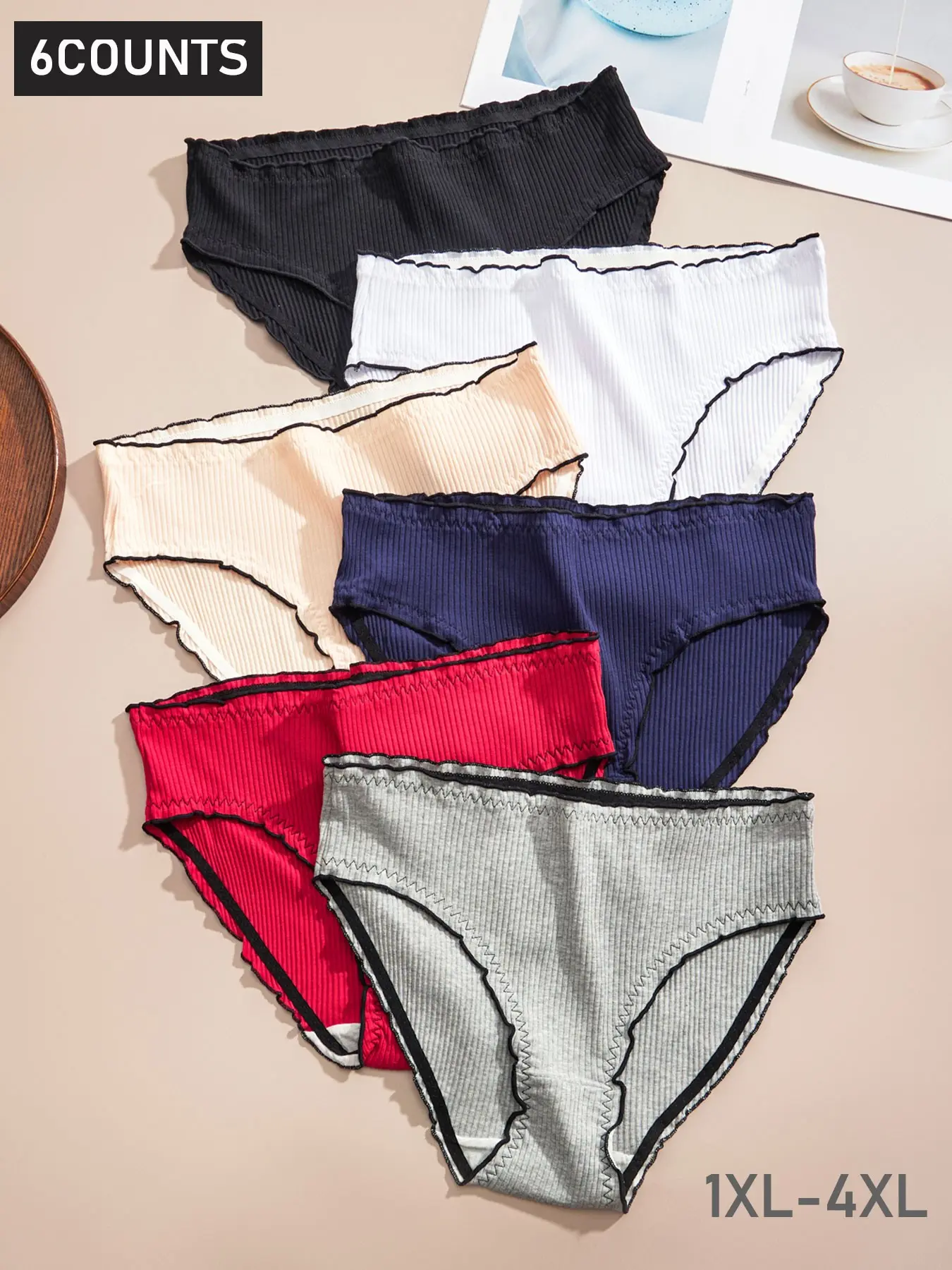 6-Pack Plus Size Women's Elegant Control Top Briefs, Panties, Lace Trim, High Stretch Comfortable Breathable Classic Ribbed Underwear, All-Season Wear, Chic, Fit, Lace Trim Panty