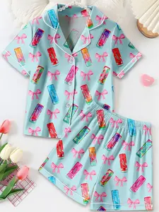 Alani Energy Satin Pajama Set Women, Beverage Inspired Sleepwear, Short Sleeve Button Top and Shorts, Silky Lounge Outfit Gift Idea