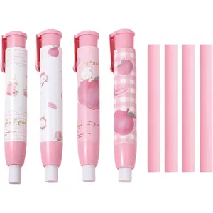 4 Pcs Cute Pink Retractable Eraser with 4 Extra Refills Cartoon Pencil Erasers for School Kids Boys Girls (4Pcs Peach)