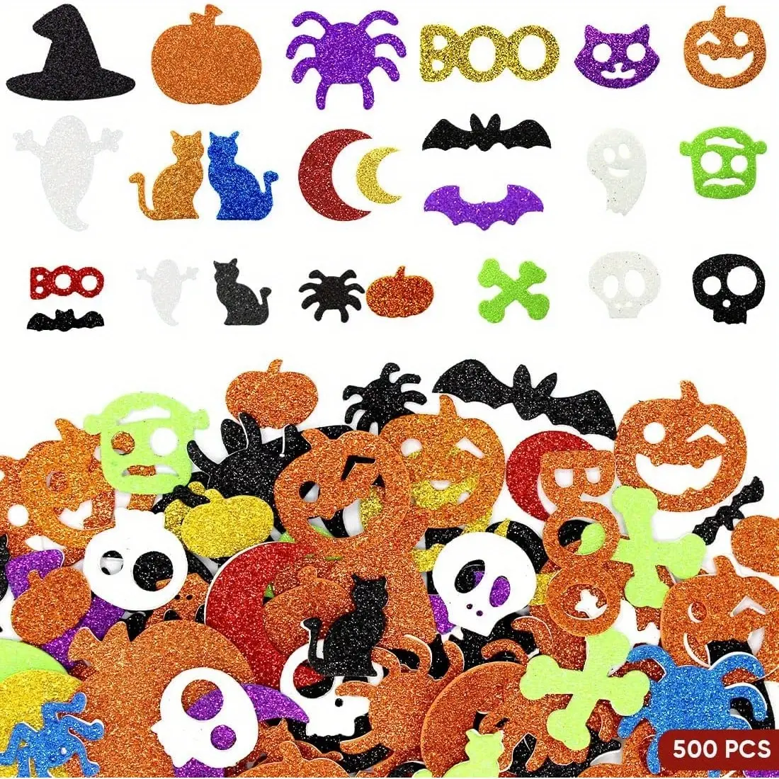 100-Pack Halloween Glitter Foam Stickers - Self-Adhesive, Waterproof Decals with Pumpkin, Ghost, Bat, Skull Designs for Kids’ Party Favors, Crafts, No