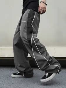 Men's Black Colorblock Sweatpants with White Side Stripes & Embroidered Design, Casual Gym Wear, Loose Athletic Long Pants, Trendy Street Fashion Joggers, Drawstring Waist, Straight Leg Cut, Polyester - mens pants mothersdaygift