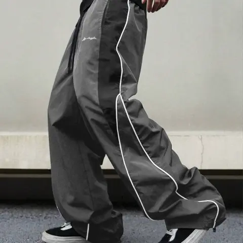 Men's Black Colorblock Casual Joggers - Polyester Activewear, Embroidered Straight Wide Leg, White Side Stripes, Drawstring Waist, Men's Streetwear for Gym, Gym-to-Casual Father's Day Gifts,sohochic