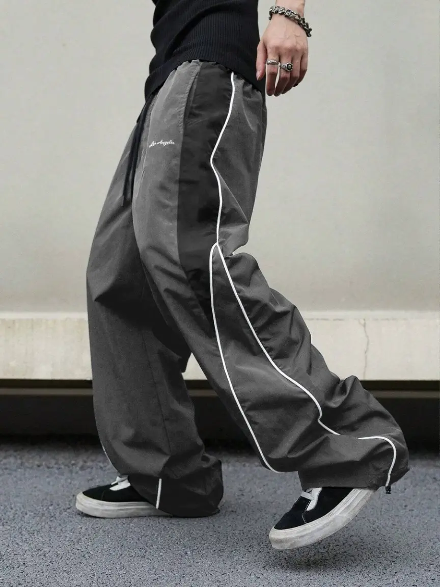 Men's Streetwear Athletic Sweatpants, Loose Straight-Leg Fit with Colorblock Side Stripes, Embroidered Detail and Drawstring Waist