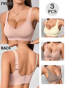 3 Pack Women's Seamless Jelly Strip Soft Support Wireless Bra Underwear, Push Up Lift Anti-Sagging Side Support, Adjustable Wide Straps Back Smoothing, Full Bust Friendly for Daily Commute & Yoga, Fit