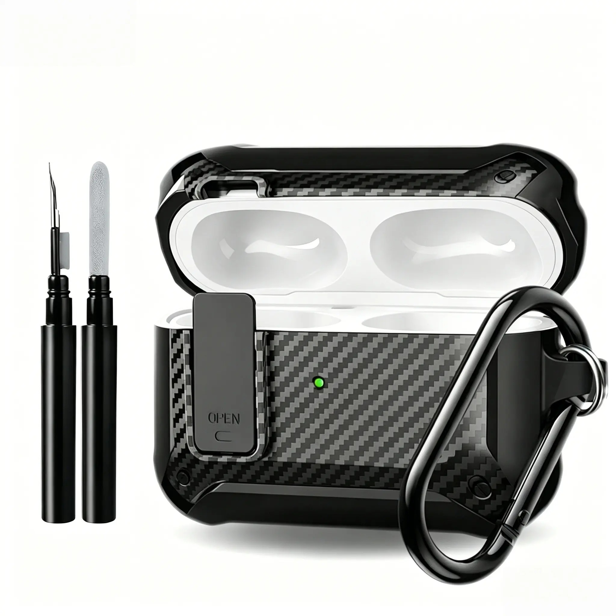 Carbon Fiber Pattern Earphone Case with Secure Lock Clip and Cleaning Kit, Shockproof Protective Cover, Earphone Accessories Compatible with AirPods Pro 2/1/2/3/4, Audio Headphones Protection