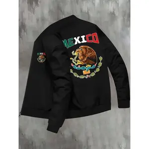 Men's Mexico Eagle Print Zip Up Jacket, Regular Fit Casual Fashion Long Sleeve Baseball Collar Outerwear for Daily Wear, Men's Clothes for Fall & Winter, Zippered Jacket, Coats