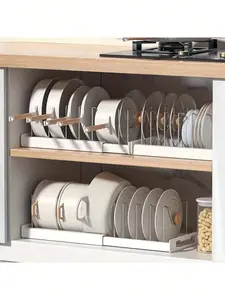 Kitchen Organizer Shelf with Expandable Pot Lid Holder – Dish Drying Rack & Pull-Out Drawer for Countertop