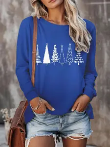 Plus Size Women's Christmas Print Casual Round Neck T-Shirt, Geometric Pattern, Fitted Style, Fall & Winter Fashion