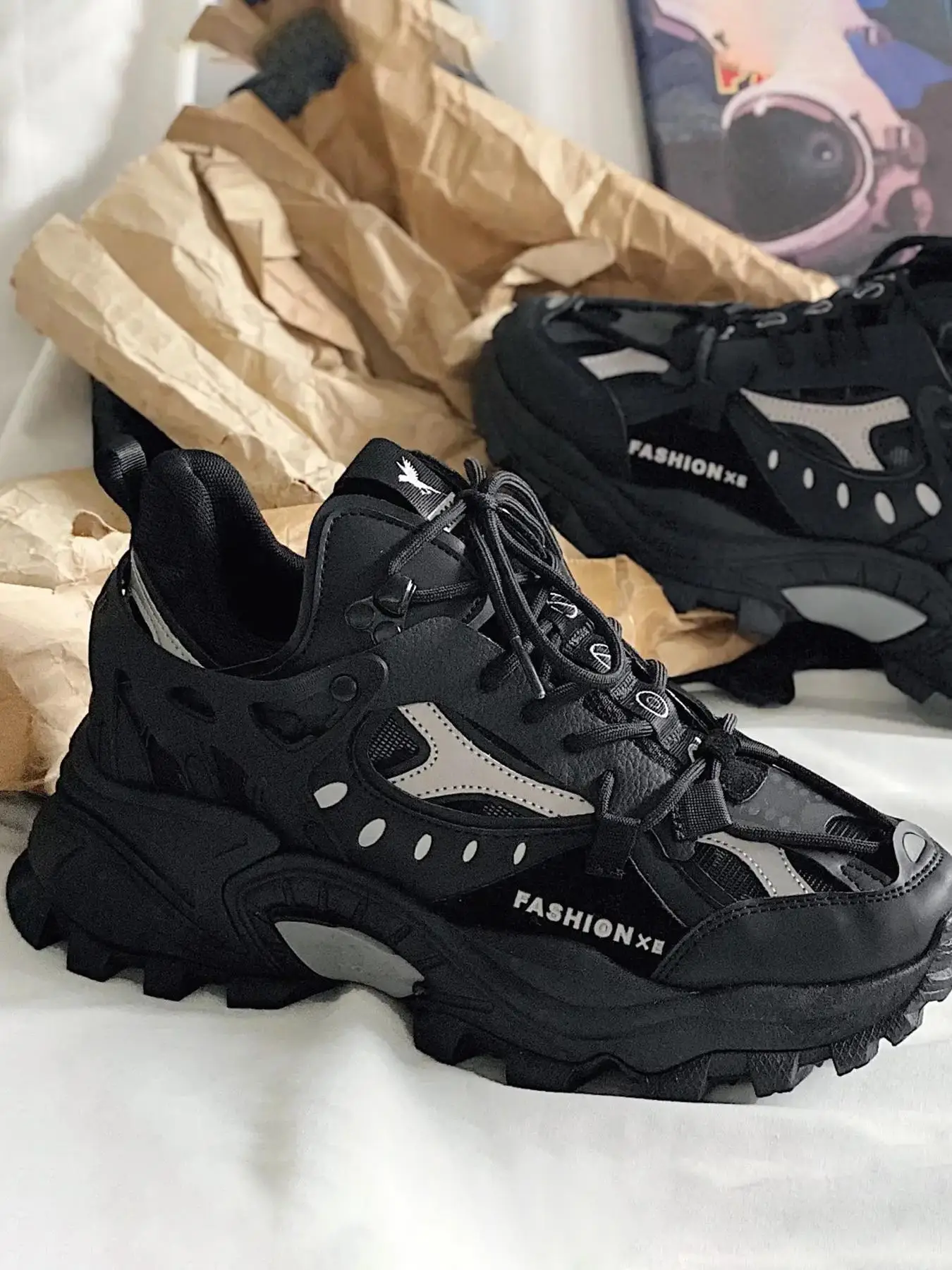 Men's Sportive Plain Color Lace Up Low Top Chunky Sneakers Back To School, Casual Comfortable Platform Pu Leather Shoes, Fashionable Sneakers for Dail