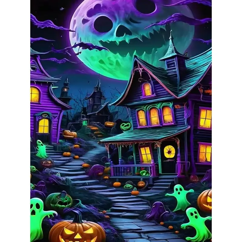 Neon Halloween Haunted Town Flannel Throw Blanket - Spooky Ghost Pumpkin Moon Design, Gothic Look, Soft Texture Flannel Fabric, Vibrant Purple-Green Tone, Living Room Decor for Indoor Use, Ideal Halloween Gift