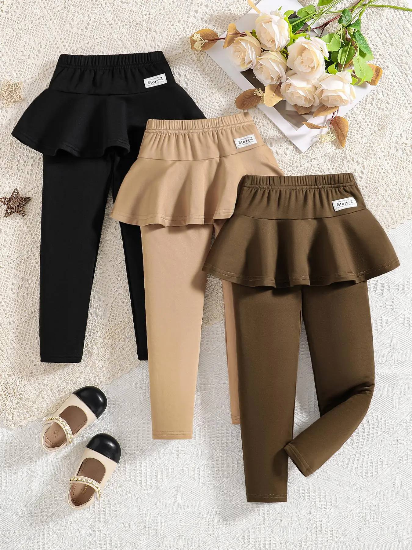 Toddler Girl's Cute Ruffle Trim Pants, Casual Comfy Trousers for Daily Wear, Kids Plain Bottoms for Fall & Winter, Baby Girl Clothes