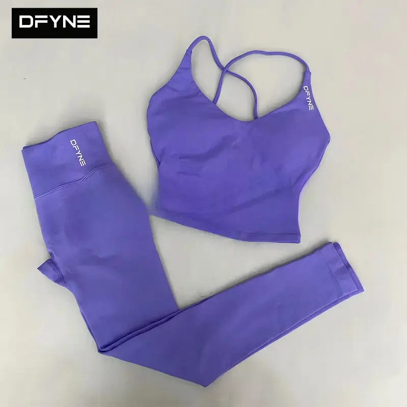 DFYNE Women's Seamless Strappy Workout Set| Padded Cross Back Tank Top & High Waisted Sculpt Leggings for Yoga, Pilates & Gym
