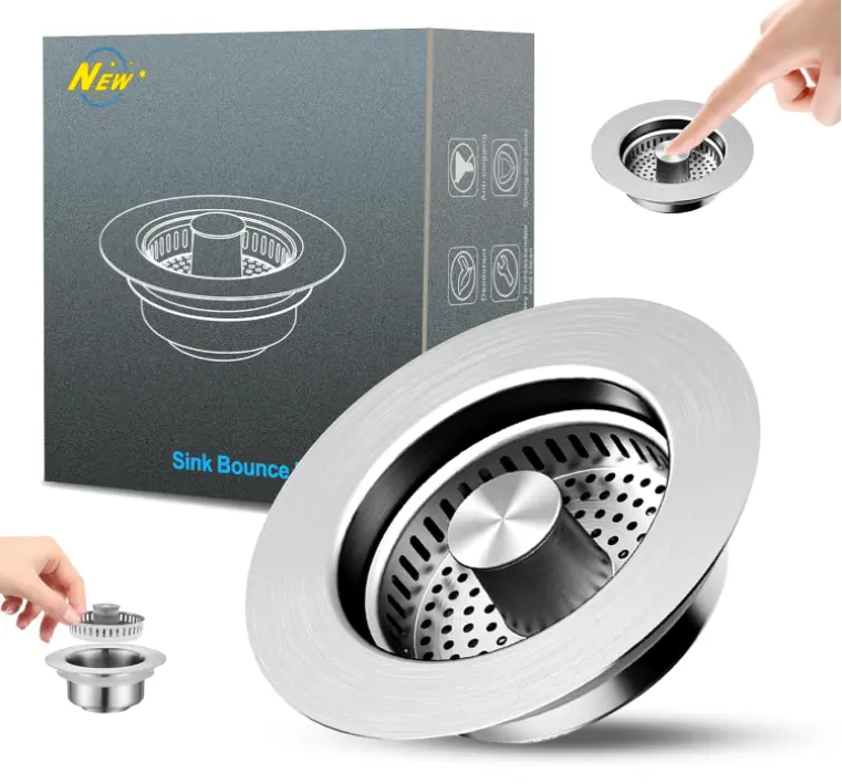 3-in-1 kitchen sink drain strainer and stopper combo, 304 stainless steel pop-up kitchen sink stopper, anti-clog bounce core strainer basket filter for US standard 3-1/2" drains