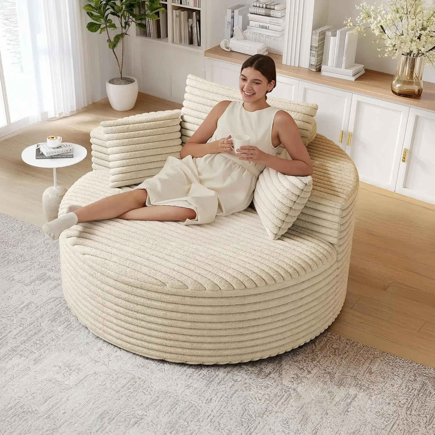 50" Oversized Round Chaise Lounge Indoor, Upholstered Corduroy Sofa Bed with Deep Seat, Single Circle Sofa Chair for Living room, Bedroom, Lounge and Projection Room(Beige)