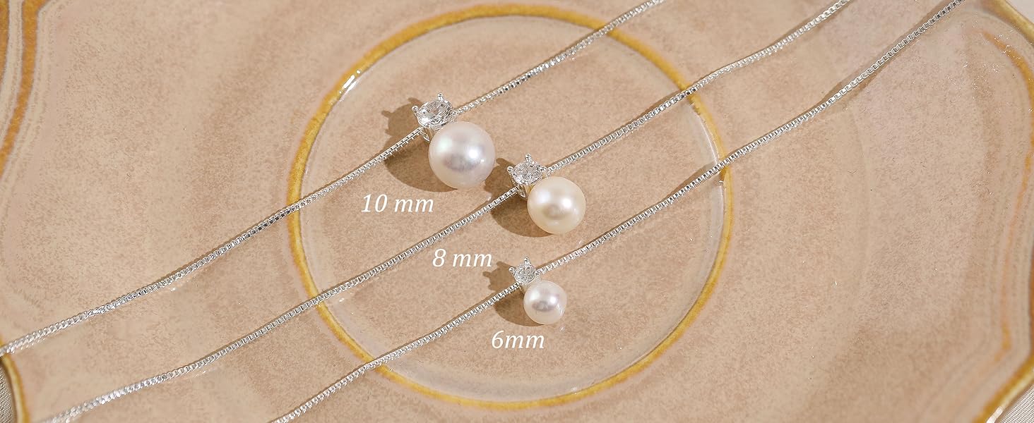 Pearl Necklaces for Women Trendy 6MM 8MM 10MM Dainty Round Natural Freshwater Pearl Necklace Silver 14K Gold Plated CZ Pearls Necklaces for Women Birthday Bridesmaid Wedding Gifts Pearl Jewelry