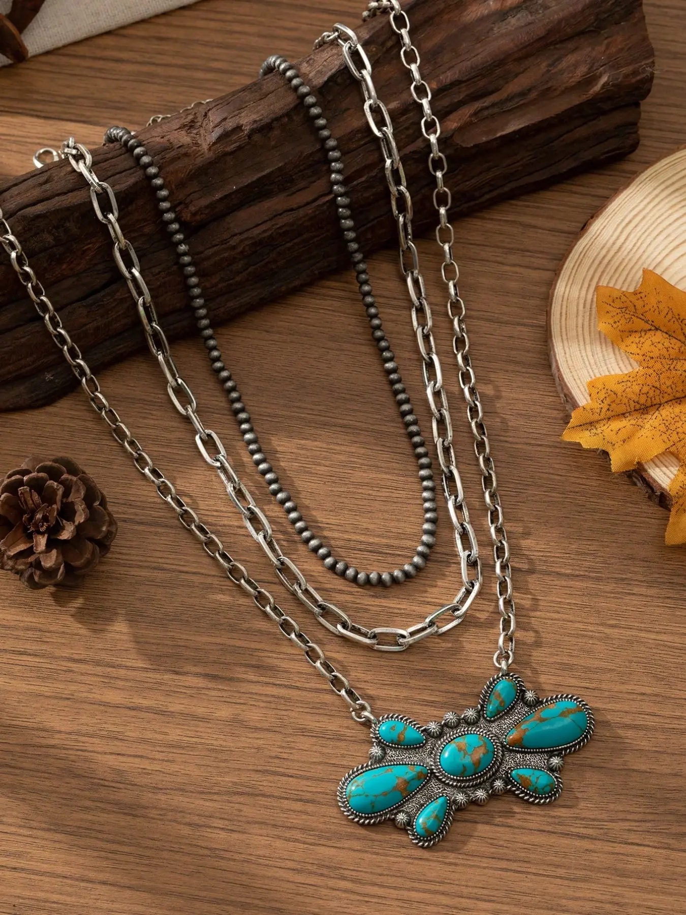 Western Layered Turquoise Necklace Set for Women - 3Pcs Stackable Silver Color Chain with Navajo Pearl Beads & Squash Blossom Pendant Design - Bohemian Cowgirl Jewelry Accessories & Gifts