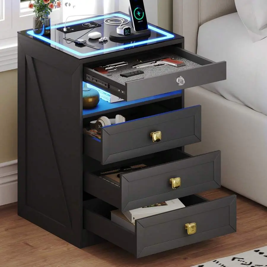 Black Farmhouse Modern MDF LED Bedside Table (Single Unit) - Bedroom Lockable Cabinet Nightstand with 3 Drawers, 1 Safe Gun Drawer, 3-Color LED Lights, Auto-On/Auto-Sensing Mode, Glass Top, USB Port Charging Station, Marked Parts, Assembly Required