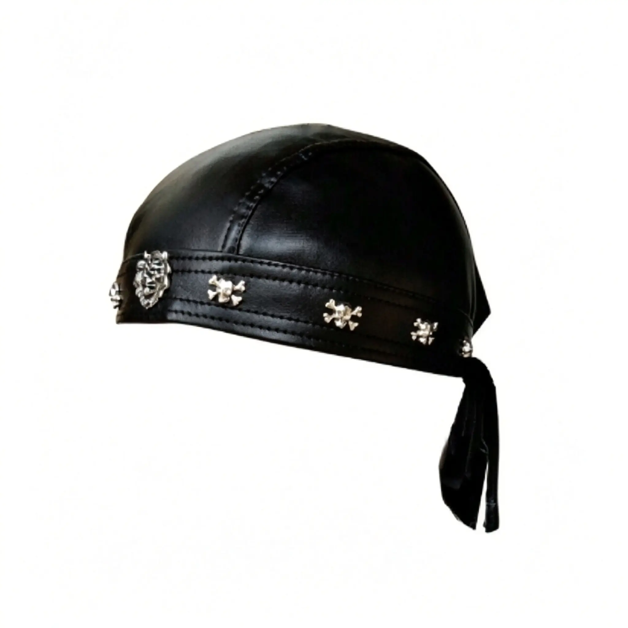 Faux Leather Biker Skull Cap Motorcycle Bandana Head Wrap Du Do Rag Black Hat