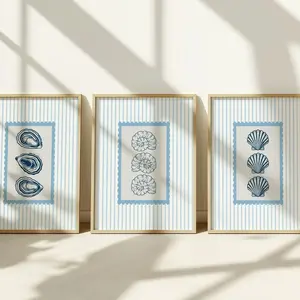 Coastal Stripe Print Set: Seashell Oyster Wall Art | Frameless Poster Q