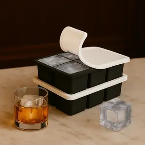 2PCS Pack Large Silicone Ice Cube Tray 2 Inch Square with Removable Lid 16 Large Whiskey Ice Cubes Easy Release Stackable Design for Cocktails Drinks