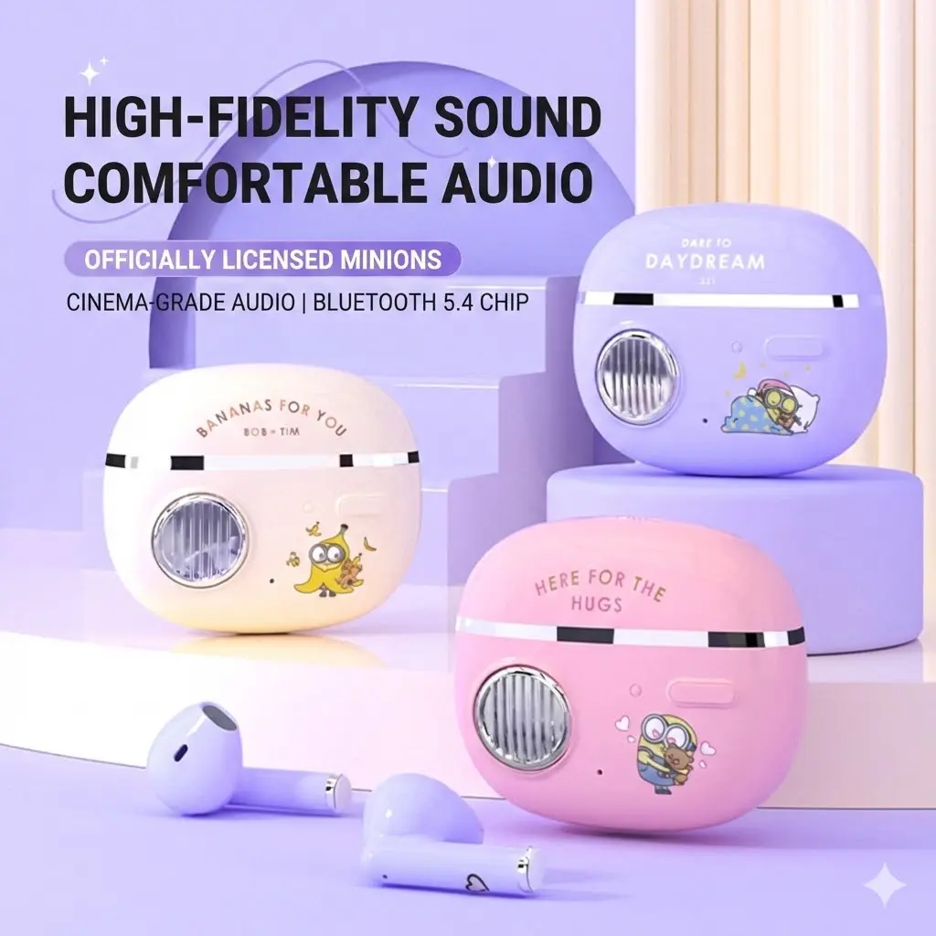Official Minions Wireless Bluetooth 5.4 Earbuds – Cute Kawaii Design with Noise Reduction, 4–5h Battery, Wireless Charging, Gift Box, Gift for Her campingessentials