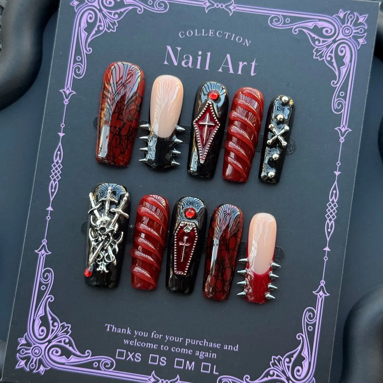 Y2K Vampire Theme Nail Art Stickers, Gothic Style Press-On Nails, Decorative Nails, Acrylic Fake Nails, Cross, Coffin, Sword & Shield Design, Medium Length, Party & DIY Use, Nail Art Products