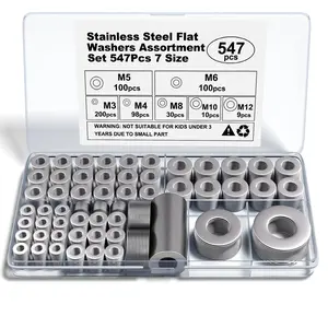 Stainless Steel Flat Washers Assortment, 18-8 (304) Stainless Steel, 547-Piece Set (Assorted Metric Sizes M3-M12, 3mm, 4mm, 5mm, 6mm, 8mm, 10mm, 12mm) with Plastic Storage Case