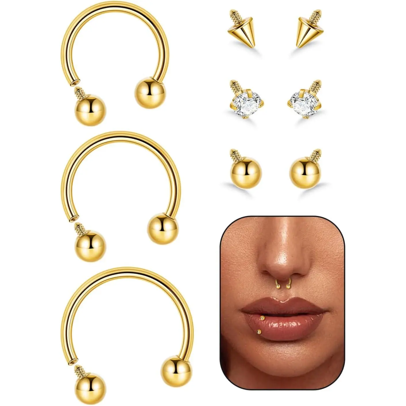 16G 18G G23 Titanium Septum Nose Rings for Men Women Horseshoe Septum Ring for   Internally Threaded Lip Ring Spike Ball Cartilage Helix Daith Tragus Hoop Earring 8-12MM