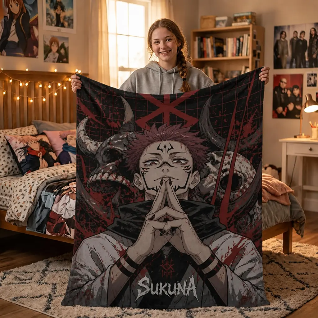 Jujutsu Kaisen Choso Blood Heart Hand-Drawn Flannel Blanket, Dark Grunge Anime JJK Cozy Throw, Otaku Dorm Bedroom Decor