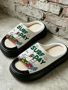 American Surfing Duck Embroidered Sandals, Waffle Linen Texture, Soft Elastic Thick Sole, Unisex Summer Casual Slippers