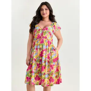 BLOOMCHIC Lady's Plus Size Short-Sleeve Multicolor Floral Print Drawstring Bodice Midi Dress [M-6X] - 2026 Summer Casual Fit, Smooth Polyester Rayon Garment, Pockets, Swimweek Spotlight, Deals for You Days