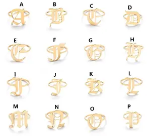 Iron Initial Letter Rings For Women Open Adjustable Stainless Steel Gold Color Ring Gothic Vintage English Alphabet Jewelry