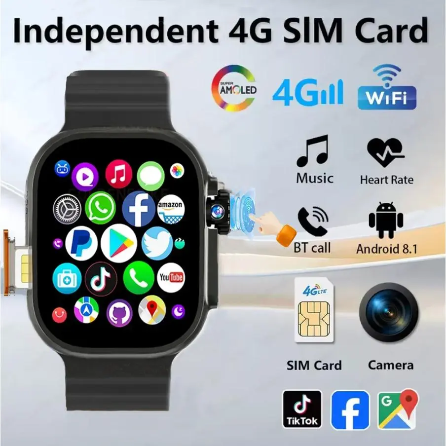 DW100 Ultra Wearable Smartwatch - 2.29-inch AMOLED Screen, Android OS, 4G/5G, GPS, WIFI, Bluetooth, Fingerprint Touch ID Unlock, 8MP Rotating Camera, Play Store Access, SIM Card Support, Chip & Charging Included for Men