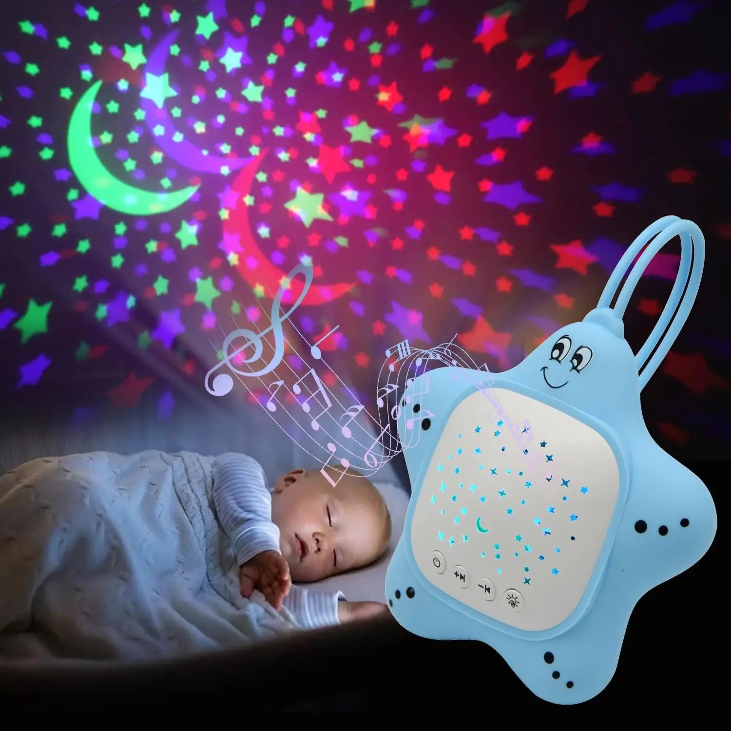 X-MT02 Portable Rechargeable Baby White Noise Sound Machine - Unisex Plastic Sensory Musical Light Up Toy with Projector Night Light, Calming Music for Nursery, Travel, Safe & Hygienic
