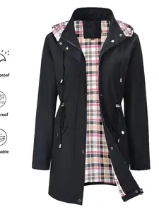 Women's Mid-Length Fitted Hooded Zipper Long Sleeve Windbreaker Jacket, Full Front Zipper, Adjustable Hood and Pockets, Durable Casual Outdoor Clothing