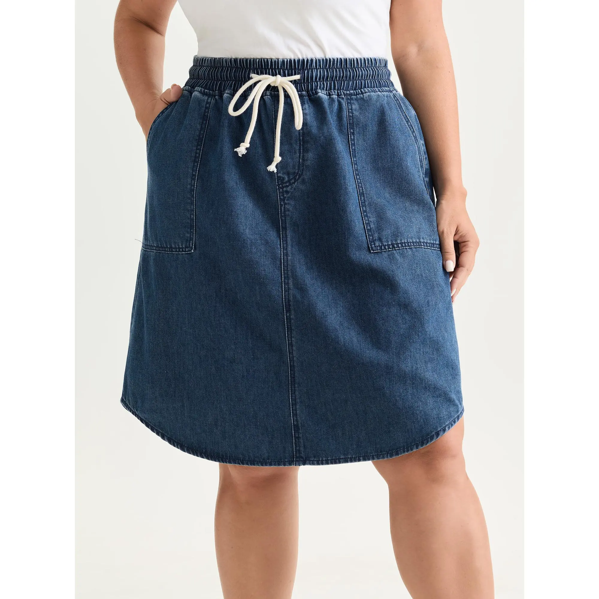 BLOOMCHIC Women's Plus Size Stretchy Blue Denim Mini Skirt - Cotton-Polyester Fabric, Belted, Fitted Straight-Fit Bottom with Pocket, Casual, M-6X Sizing, Machine Wash, Cold Wash, Iron on Low Heat, Summerfinds, Pull On, Slanted Pocket, Pockets, Denim Skir