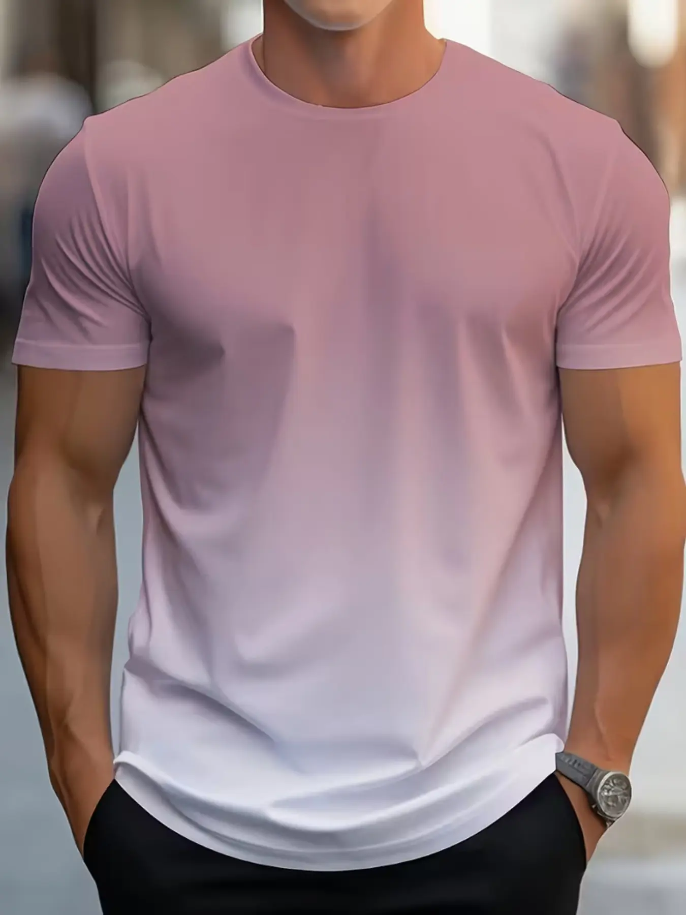 Men's Gradient Color Casual Round Neck T-Shirt, Multicolor Options, Short Sleeve, Fitted H-Type, Geometric Pattern, All Seasons