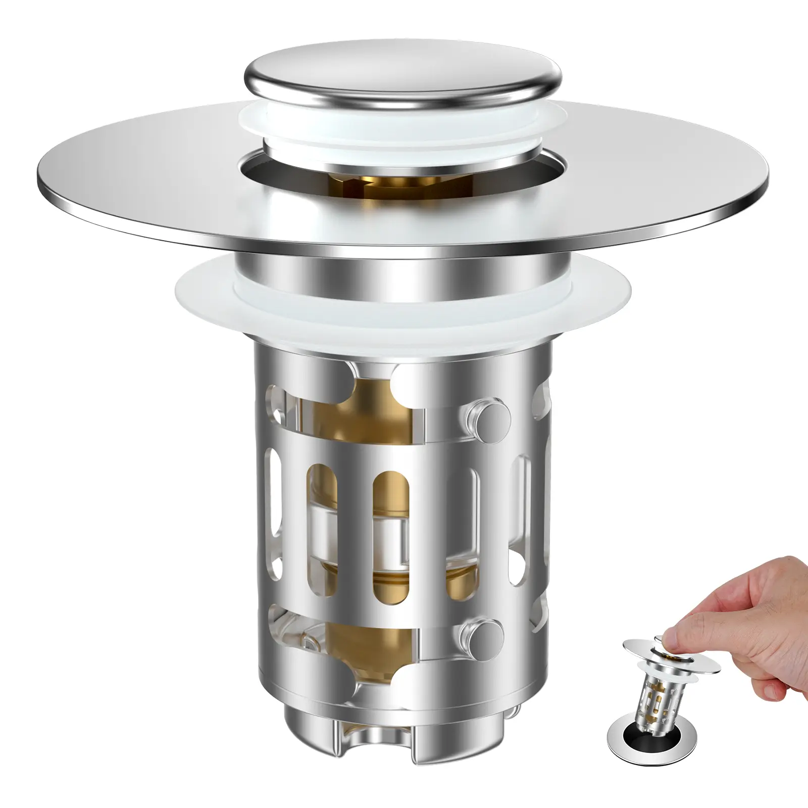 Hibbent Universal Metal Bathroom Sink Drain Strainer - 3-in-1 Pop-Up Stopper with Removable Stainless Steel Filter Basket, Brass Bullet Core Hair Catcher for 1.1''-2.36'' Holes, Chrome, Easy Cleaning, Drain Strainer Bathroom Fixture Accessories, Durable B